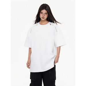 高品质二开240克宽松纯棉美式高街潮牌拉链装饰中性风短袖T恤图片