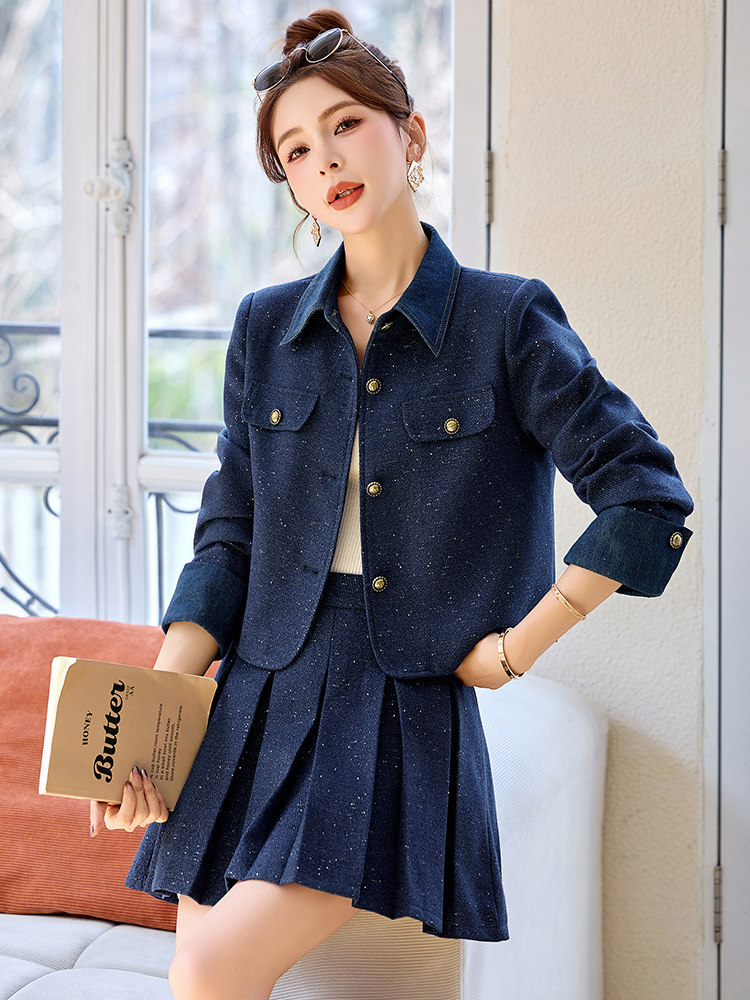 欧货小香风时尚套装女2025春装新款学院风气质炸街百褶短裙两件套,女装套装/套裙,沁沁公主