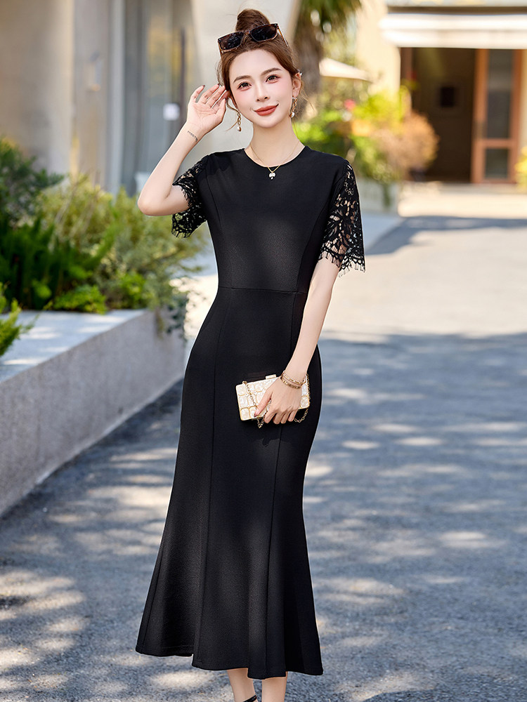 法式蕾丝拼接连衣裙女2025年夏装新款气质名媛修身黑色包臀鱼尾裙,女装连衣裙,布芭啦