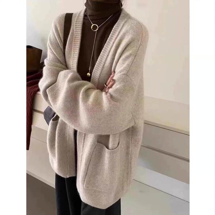 女士2024秋季新款时尚简约百搭宽松针织羊毛开衫，女装羊毛衫，戎咖羊绒