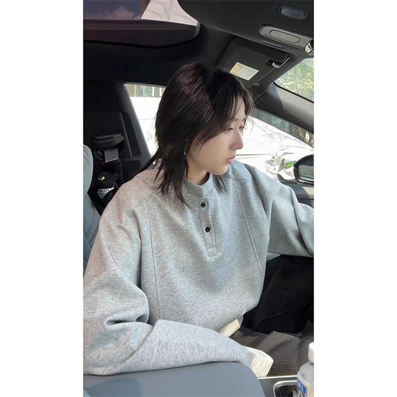 抖音得物品质美式高街重磅曼巴棉拼接cleanfit亨利领卫衣长袖T恤,男装T恤,电商A486