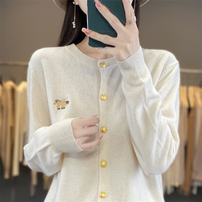 2024秋冬新款羊毛女士圆领纽扣羊毛开衫,女装羊毛衫,润辉羊绒
