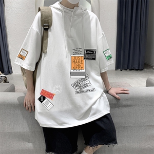 LD54121-P45 连帽短袖t恤男大码胖子带帽五分袖中袖 大皂风图片