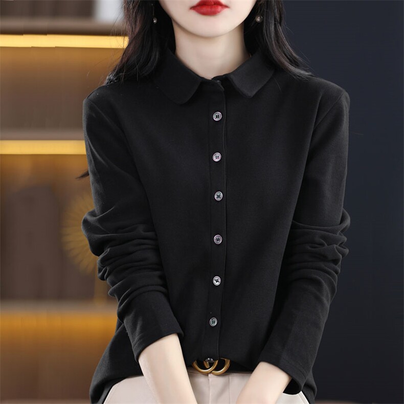 春季纯棉衬衫女娃娃领纯色短款衬衣简约韩版职业正装设计感上衣，女装衬衫，臻维羊绒