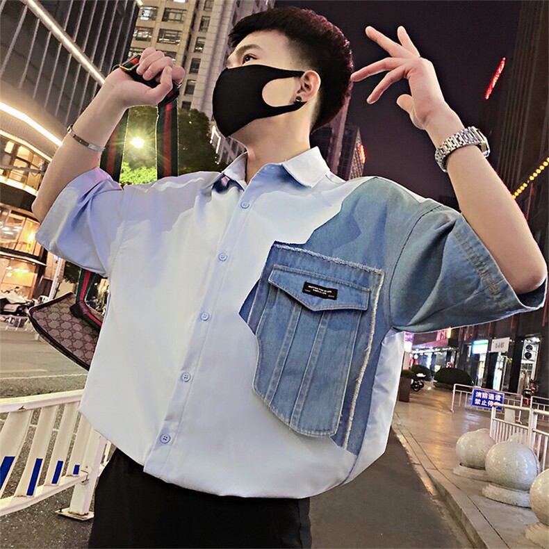 S19/P48控68夏季社会小伙设计感拼接镂空牛仔短袖衬衫男浅蓝首3,男装衬衫,星座305B
