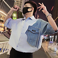 S19/P48控68夏季社会小伙设计感拼接镂空牛仔短袖衬衫男浅蓝首3，男装衬衫，星座305B