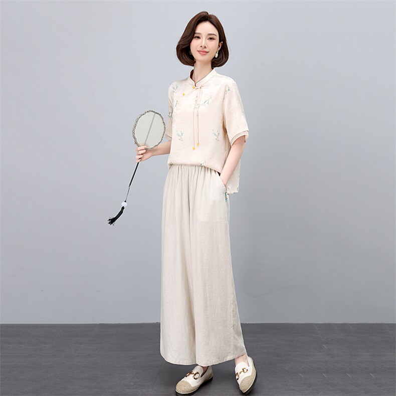 棉麻套装女夏季中国民族风女装刺绣文艺复古上衣亚麻阔腿裤两件套,女装套装/套裙,凝聚力