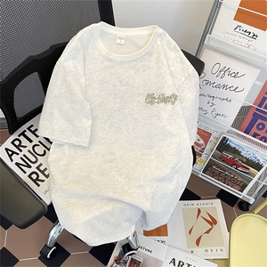 2024重磅砂洗刺绣短袖小领口半袖t恤宽松大码情侣五分袖T158-P42图片