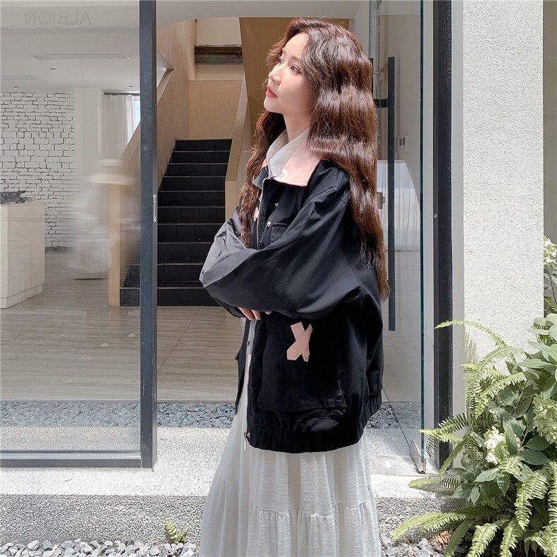 黑色撞色减龄工装外套女2025秋季新款设计感学院风宽松百搭夹克潮,女装短外套,2C030