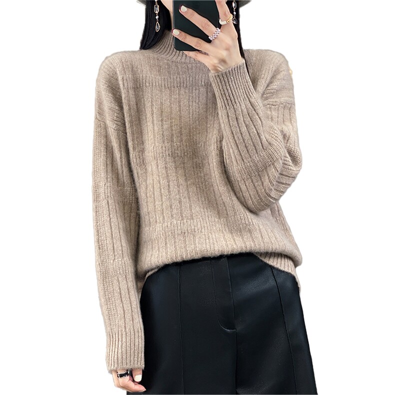 100%羊毛衫女半高领坑条加厚毛衣秋冬新款宽松慵懒羊绒针织打底衫,女装羊毛衫,宇灿羊绒