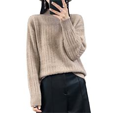 100%羊毛衫女半高领坑条加厚毛衣秋冬新款宽松慵懒羊绒针织打底衫，女装羊毛衫，宇灿羊绒