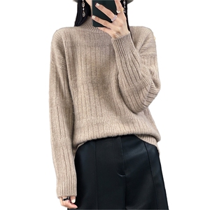 100%羊毛衫女半高领坑条加厚毛衣秋冬新款宽松慵懒羊绒针织打底衫图片