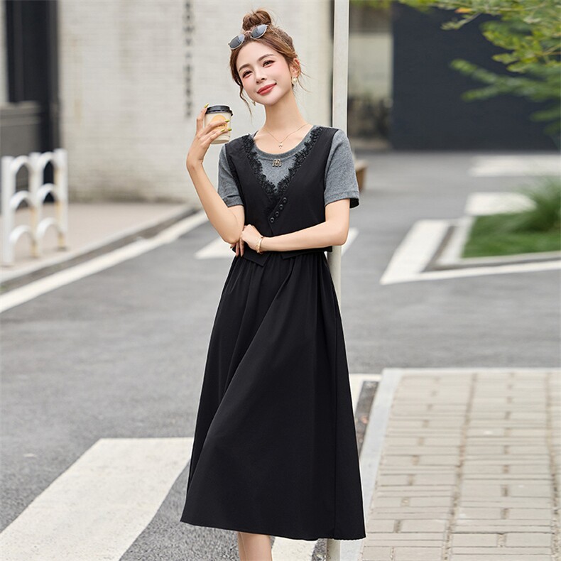 假两件短袖T恤马甲连衣裙女2025夏新款时尚休闲宽松显瘦减龄裙子,女装连衣裙,超帛