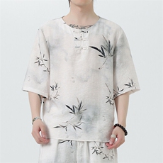 2025春节新款男装风冰丝印花盘扣唐装衬衣短袖T恤C105-P45，男装T恤，电商B277(原6028)