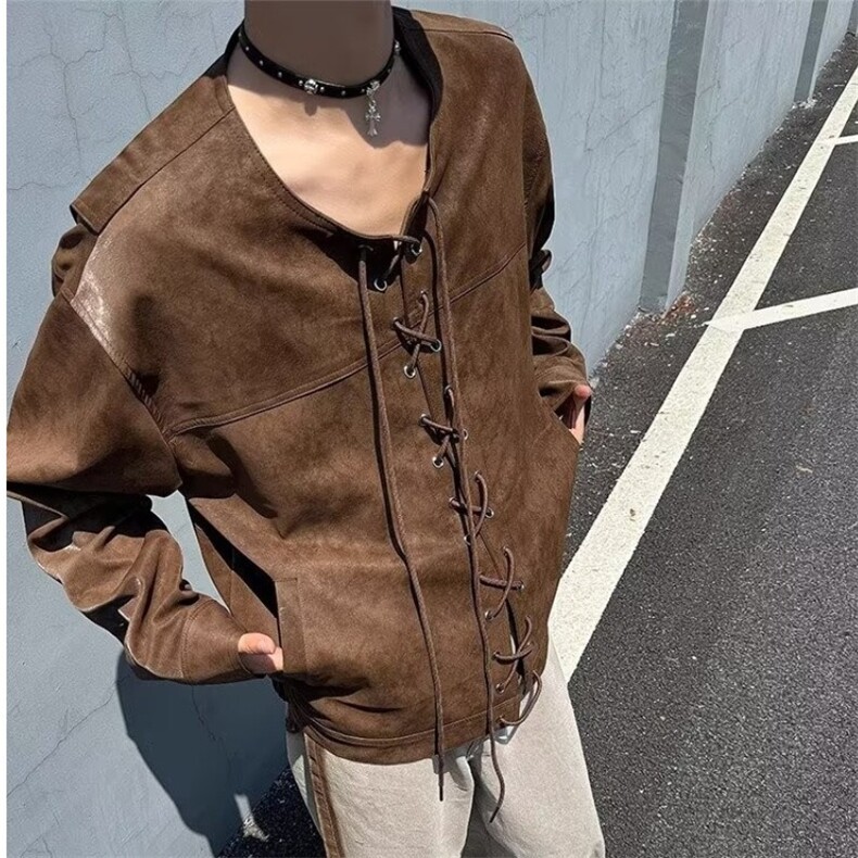 复古棕色抽绳对襟皮衣外套男春秋季夹克小众痞帅上衣服PY34-P76,男装夹克,星座208-5