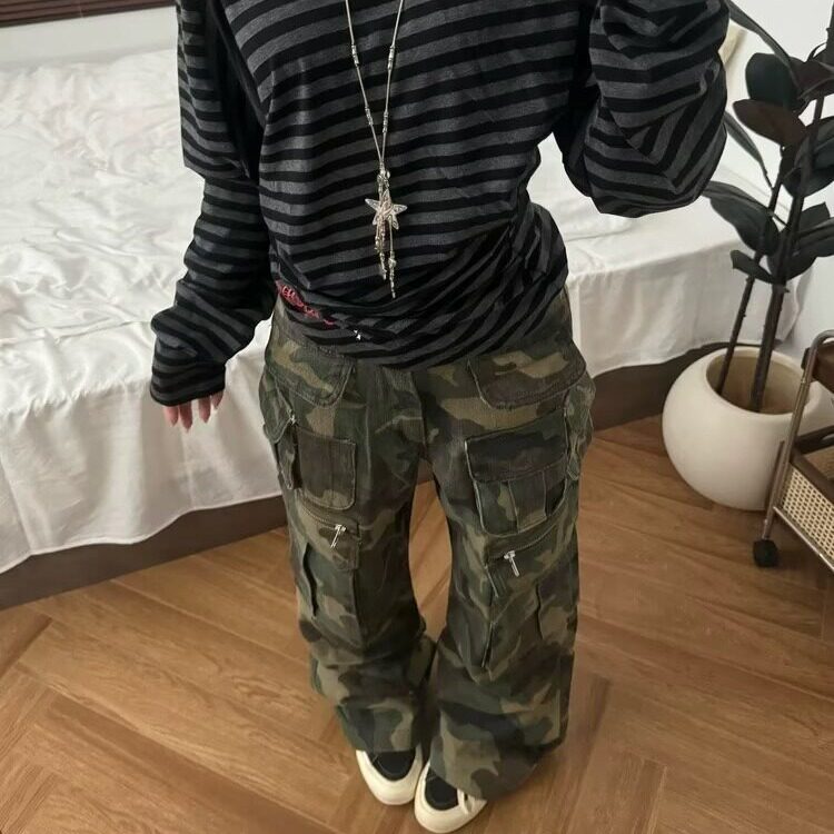 美式高街迷彩多口袋设计直筒微喇牛仔裤男女百搭长裤潮MK161P85,男装牛仔裤,星座1013-5