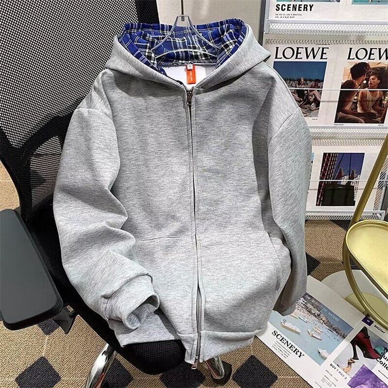 美式假两件连帽格子卫衣开衫男宽松秋cleanfit外套,男装卫衣,星座1013
