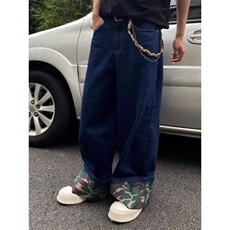 迷彩翻边阔腿牛仔裤男春秋美式复古宽松计感牛仔裤子GT84-p48，男装牛仔裤，星座1001-1