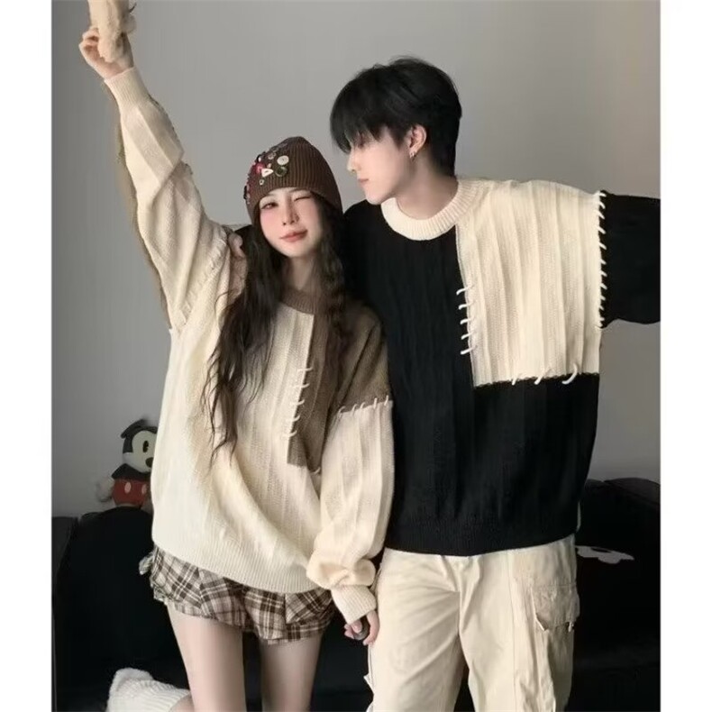 设计感拼接撞色毛衣男女秋冬季宽松休闲小众套头情侣针织衫上衣,男装针织衫/毛衣,星座218-1（原230）