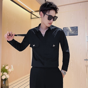 301A-1/H516/P58 秋季男士纯色暗花长袖衬衫男痞帅口袋装饰衬衣潮图片