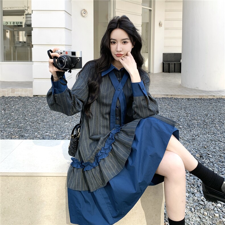 【新款】学院风荷味边宽松撞色连衣裙2C327-6602-P150控228,女装连衣裙,2C327