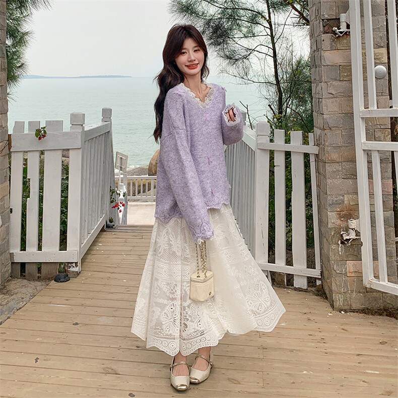 春季立体蝴蝶毛衣蕾丝半身裙两件套2C133-8903-P145-K198,女装套装/套裙,2C133