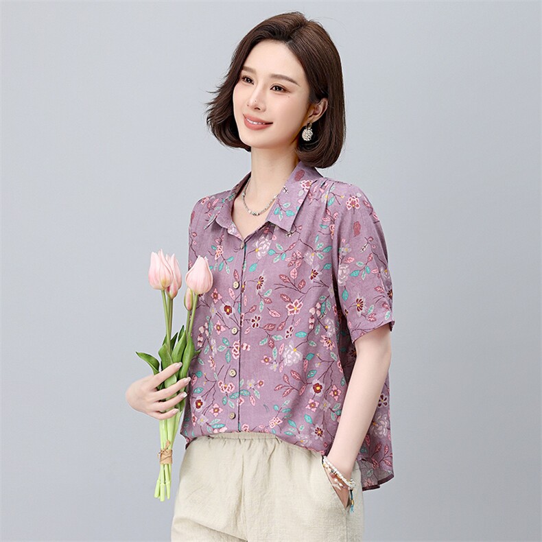 棉麻印花短袖薄款衬衫女2025年夏季新款小个子宽松妈妈遮肚子上衣,女装衬衫,依恋蒂丝