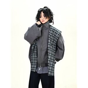 新款原宿简约百搭假两件格子拼接夹克慵懒日潮流时尚HHF550 P100图片