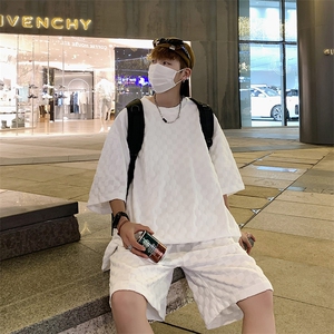TZ84647/P60夏季新款格子短袖短裤t恤休闲宽松大码两件套套装男图片