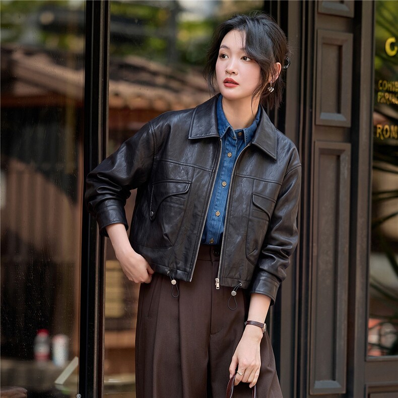 【大量现货】2026秋季女装新款时尚休闲高级感小个子短款皮衣外套,女装皮衣,缘衣格
