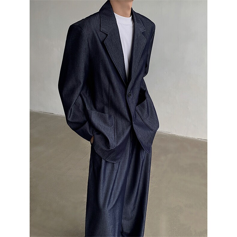 GENIOLAMODE蓝色休闲西服套装男士秋季新款宽松垂感帅气一整套潮，男装西服，电商B288