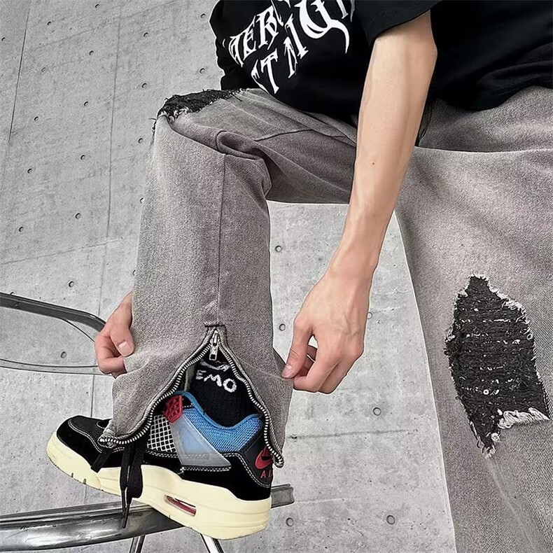 膝盖破洞牛仔裤男款修身小脚欧美高街vibe裤子美式K6070-P50,男装牛仔裤,星座1109-3