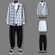 男士衬衫春秋款宽松潮流休闲运动套装男装三件套DF163T，男装衬衫，电商A102