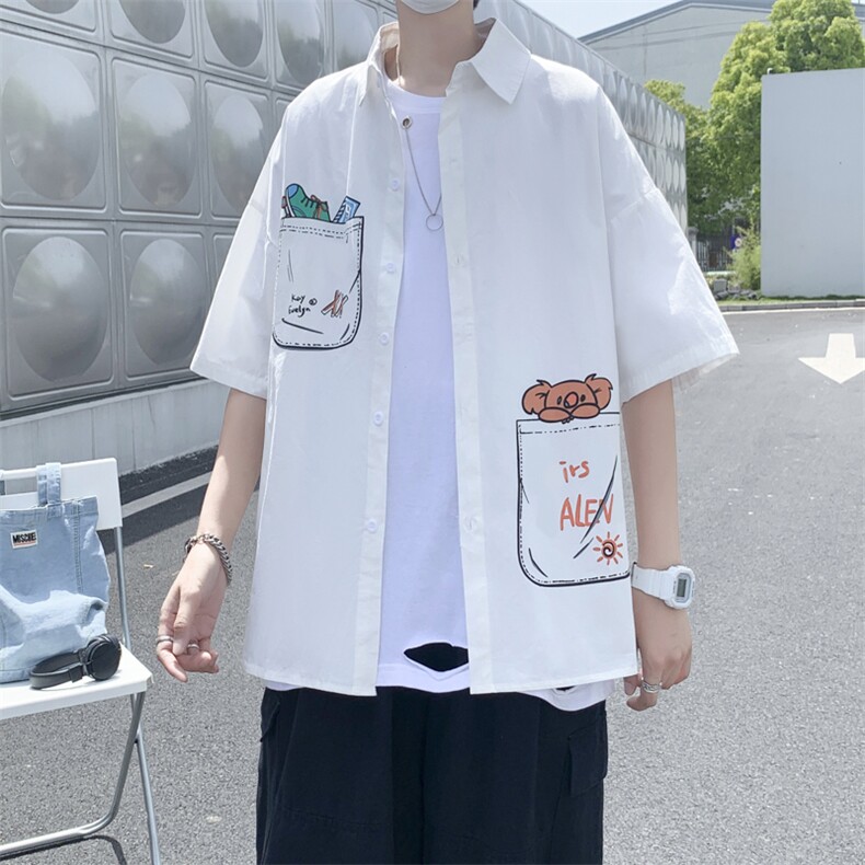 新款韩版时尚宽松百搭口袋涂鸦青少年夏短袖衬衫男衬衣 W841-P32图片