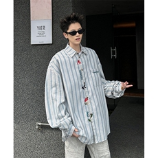 学院风刺绣条纹长袖衬衫男女日系复古设计感小众情侣衬衣CS22-P43，男装衬衫，星座308B-1