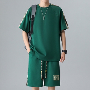 落肩袖拼接休闲运动套装夏季T恤短裤一套两件套A266-TZ9907-P47图片