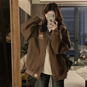 C934-P100 美式复古翻领粉色水洗外套春秋刺绣底宽松情侣潮牌外套图片