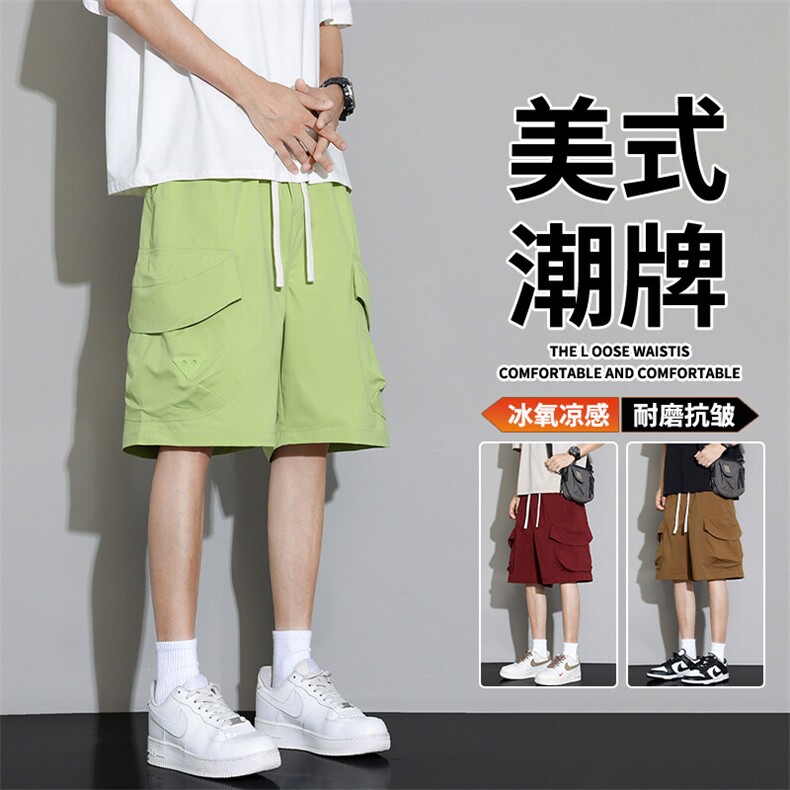 抖音品质美式宽松亮色工装短裤男潮牌系带A146-GY501特p35量大优,男装牛仔裤,HDA146