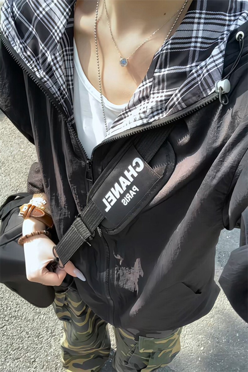 UPF50+凉感速干防晒衣男款夏季潮牌格子拼接宽松情侣运动连帽外套,男装夹克,电商A022