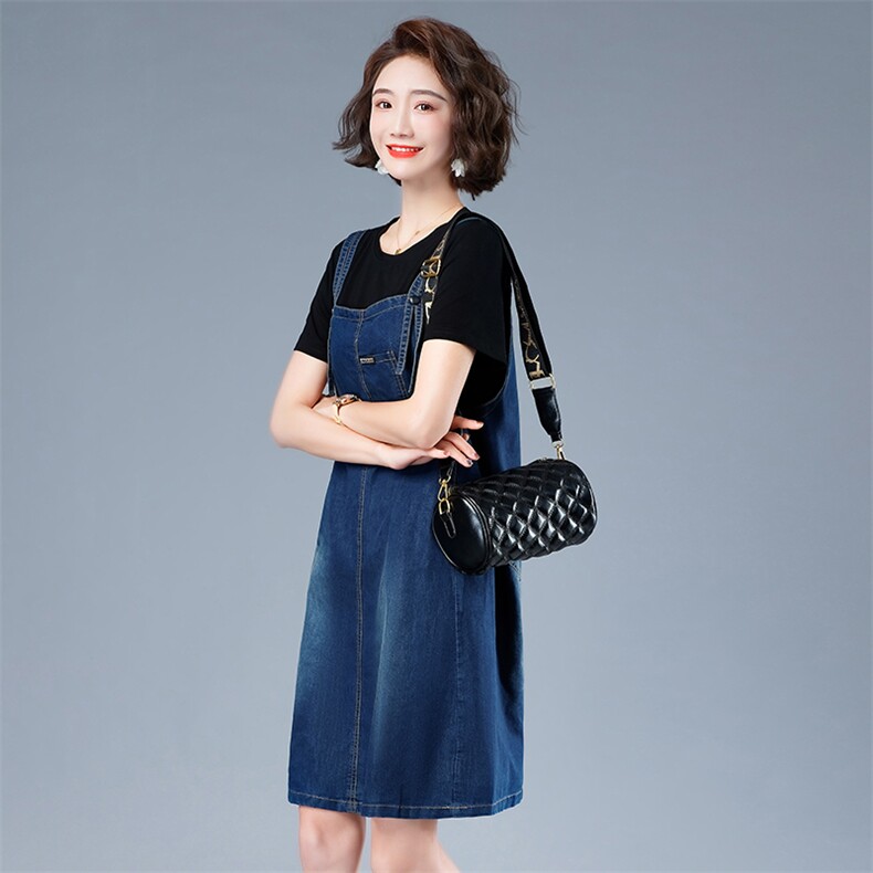 2022夏季新品时尚休闲减龄假两件牛仔背带连衣裙,女装连衣裙,余墨