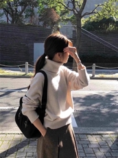 高领毛衣女秋冬2024新款宽松慵懒风针织衫长袖上衣，女装羊毛衫，思途羊绒