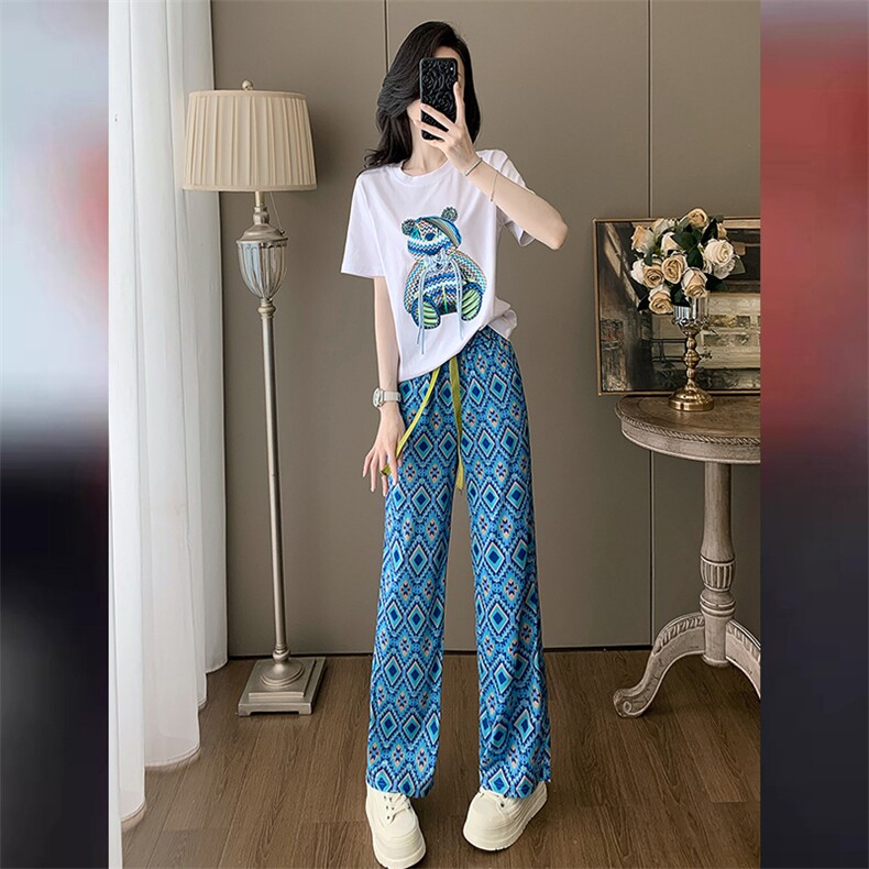 高端气质时尚运动套装女夏新款洋气圆领镶钻小熊短袖阔腿裤两件套,女装套装/套裙,江南