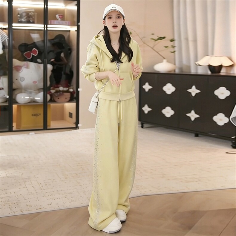 休闲运动时尚套装女春季新款高级感气质拉链连帽卫衣直筒裤两件套，女装套装/套裙，江南