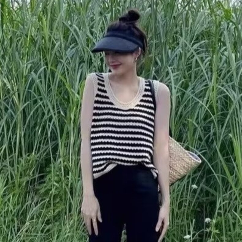 冰丝针织撞色条纹镂空吊带小背心女夏季宽松短款坎肩无袖上衣外穿,男装背心/马甲,星座1210-1