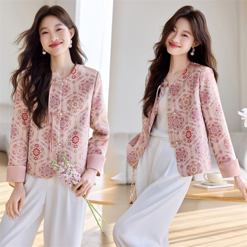 新中式印花薄外套女2026春季新款小个子短款洋气复古盘扣上衣，女装短外套，简韵佳