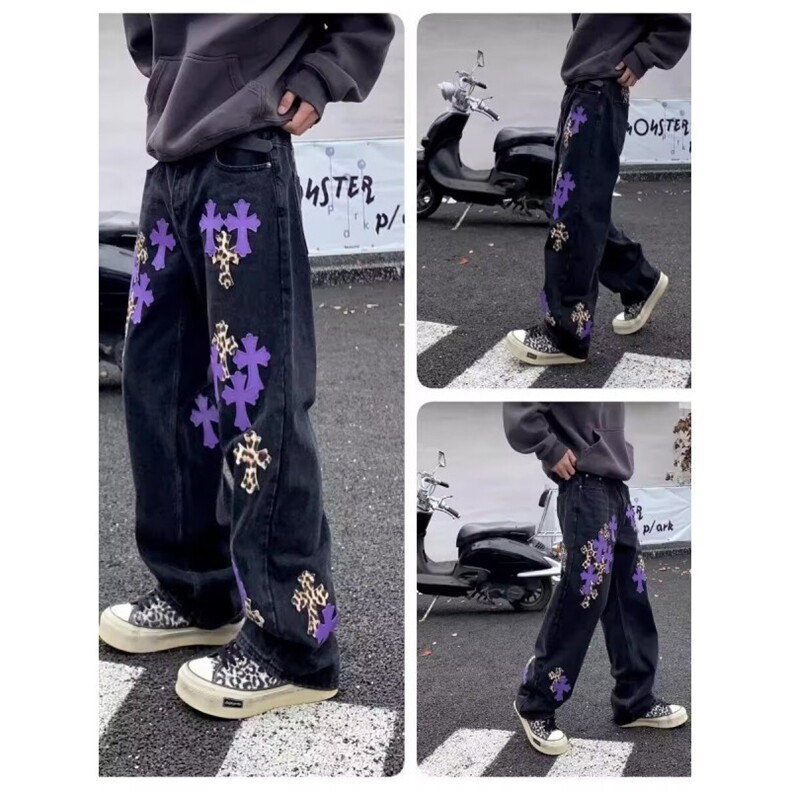 十字架撞色拼皮牛仔裤男女高腰显瘦美式复古高级感直筒休闲裤潮,男装皮裤,星座410-6（原星座1304-1）