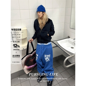 1506-1/W1667 1/P47蓝色字母印花休闲裤男女春季高街复古hiphop图片