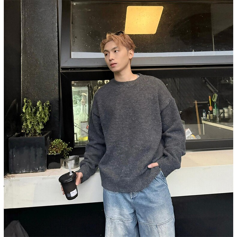 网图A2322TP48-秋冬新款重磅毛绒纯色圆领毛衣男百搭套头针织衫,男装针织衫/毛衣,电商B241