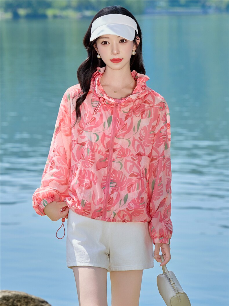 连帽防晒衣女短款2026年夏季新款冰丝薄款时尚印花透气防晒服外套,女装防晒衣,梦懿尔