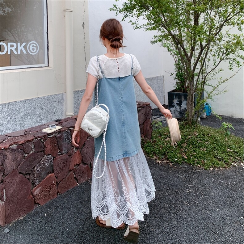 蕾丝网纱拼接牛仔吊带连衣裙套装女2025夏季新款设计感T恤两件套,女装连衣裙,浙宝069